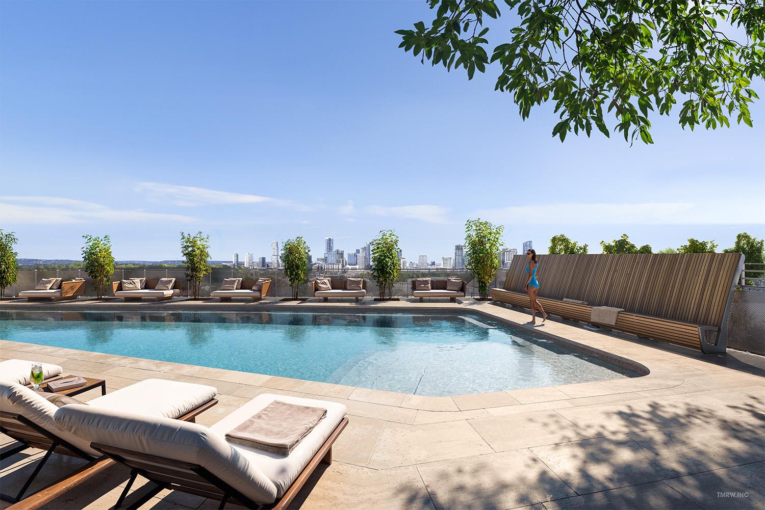 An inviting swimming pool terrace looks out over 