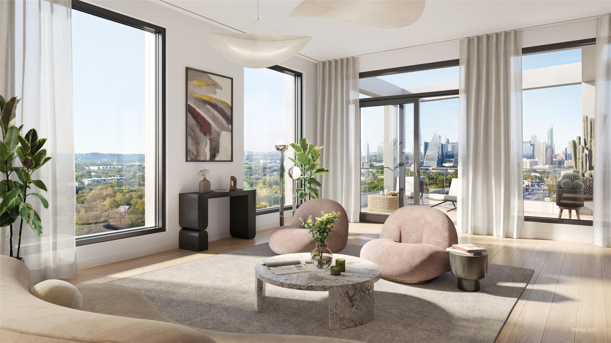 Floor-to-ceiling windows bathe this modern living