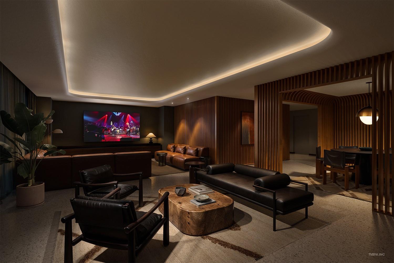 Gleaming wood paneling and an illuminated cove ce