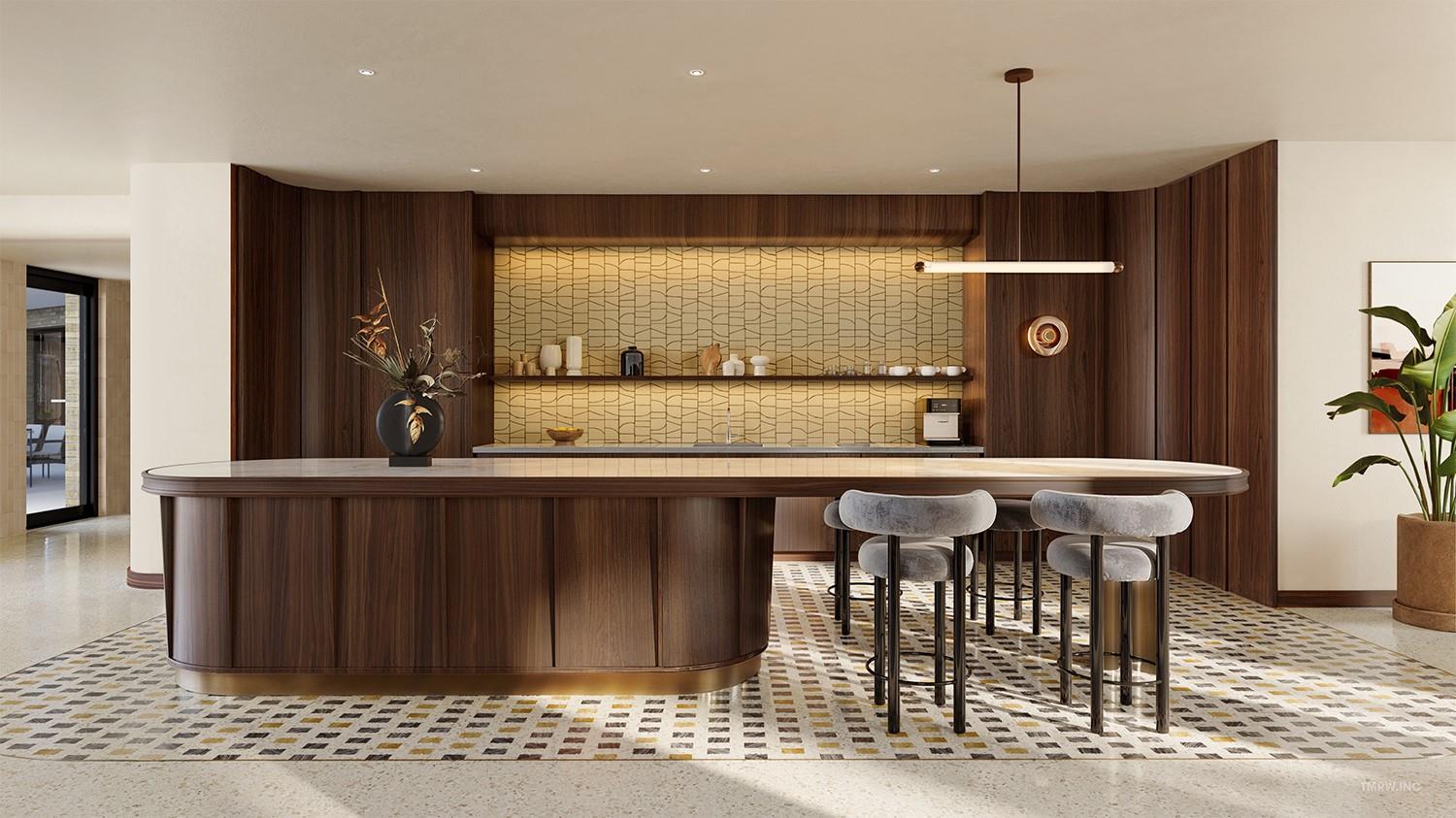 Rich wood paneling and a curved island create a r