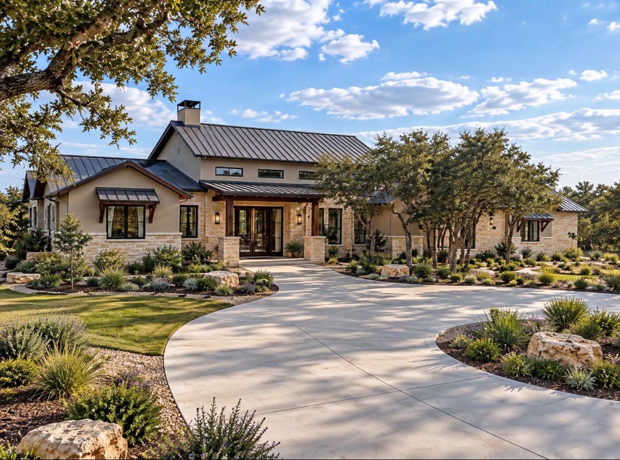 A sweeping concrete driveway guides visitors towa