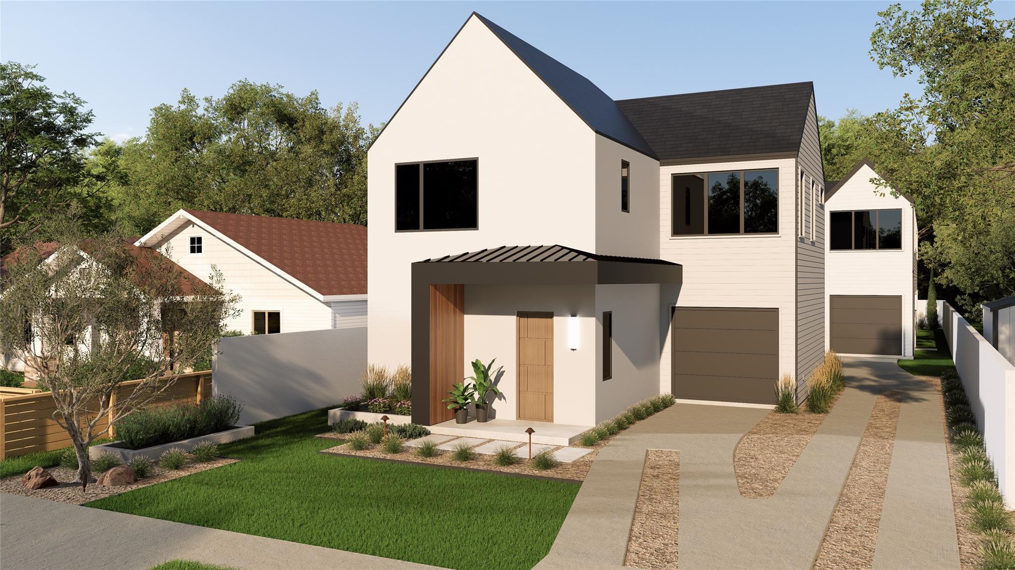 Crisp stucco and wood accents define this modern 