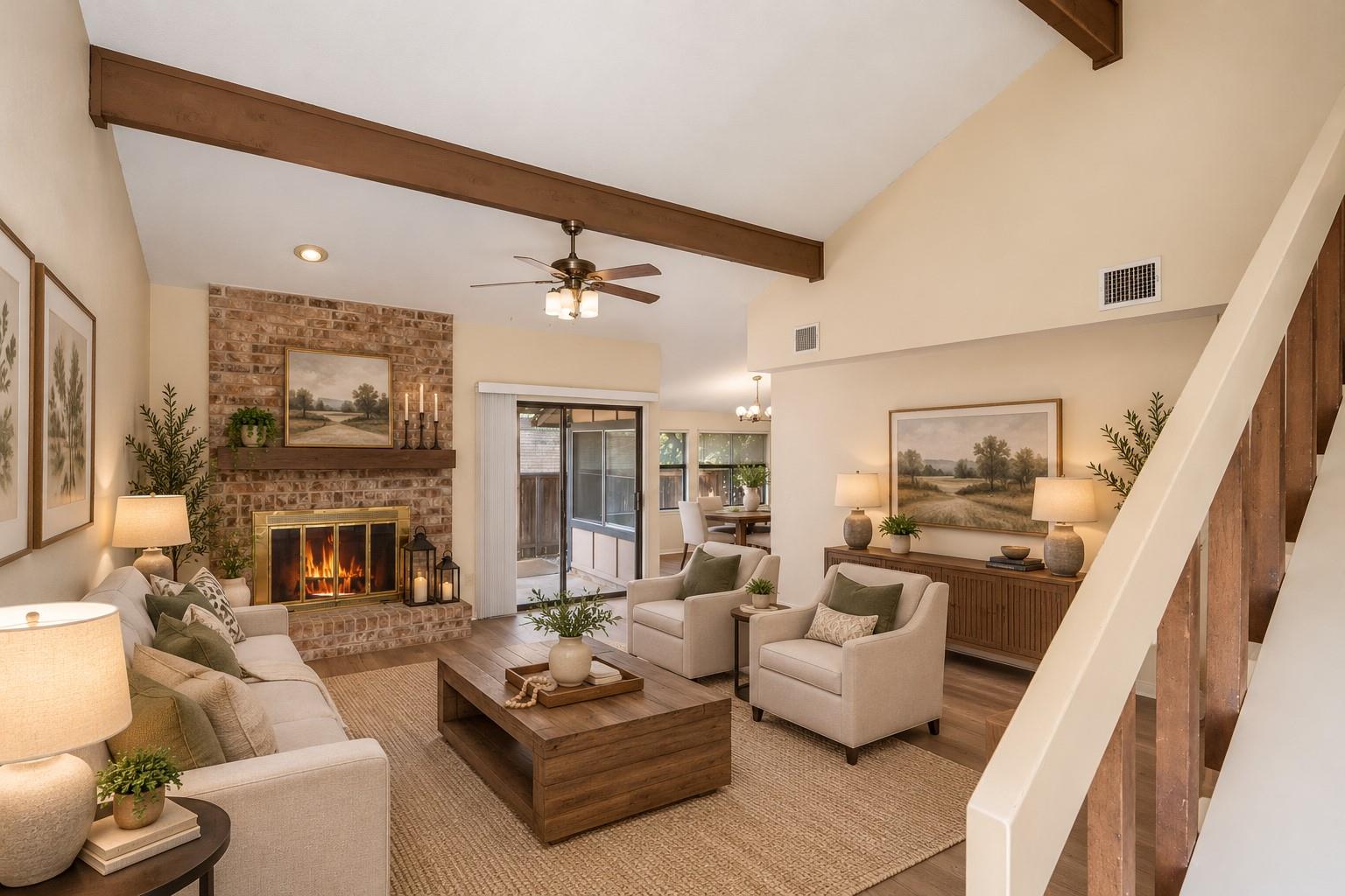 Exposed wood beams and a classic brick fireplace 