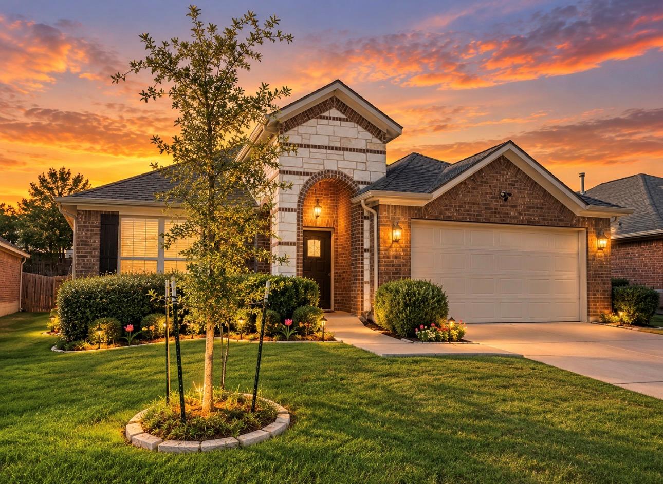 Warm exterior lights illuminate the classic brick