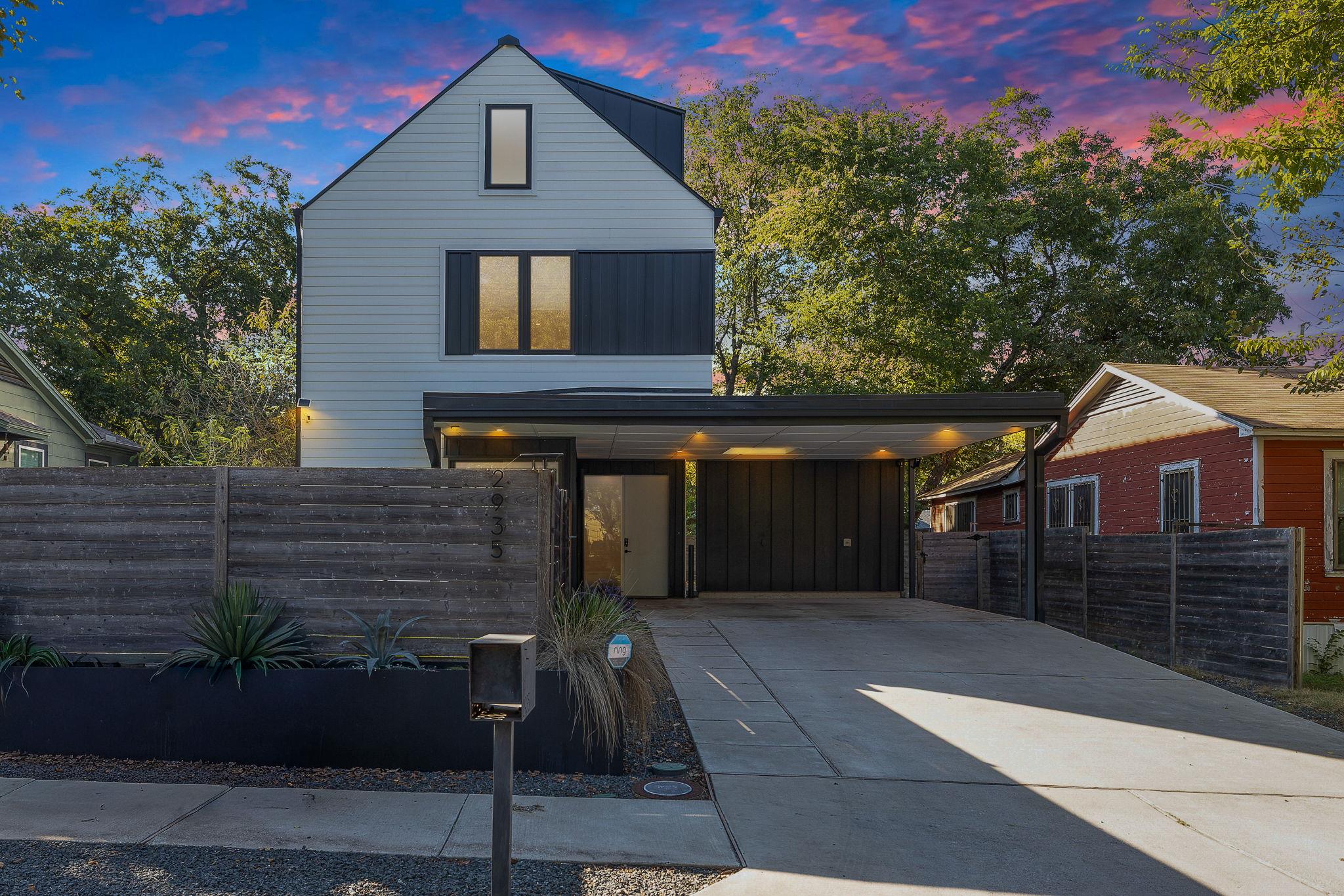 Modern architectural lines and a spacious carport