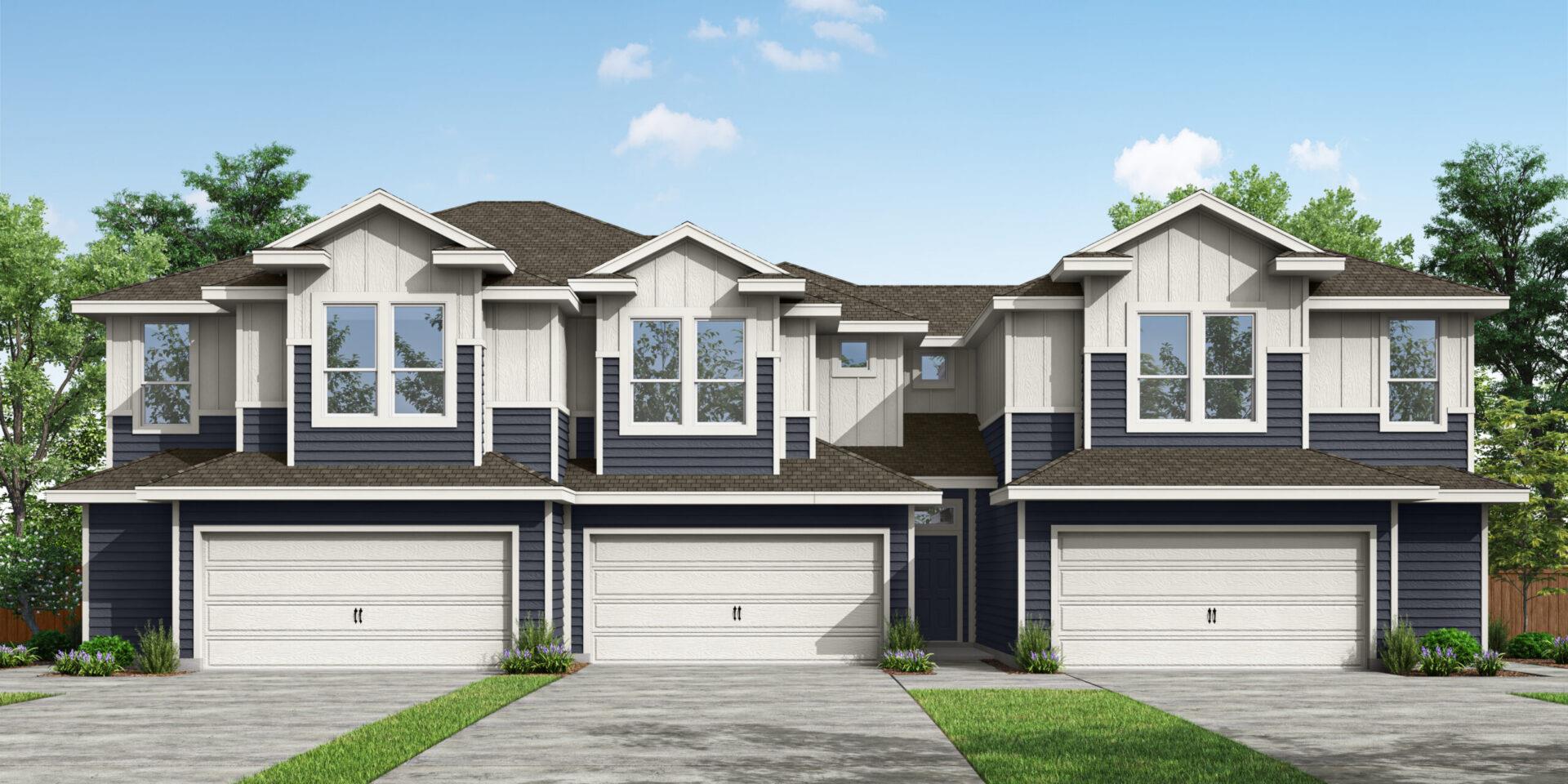 Multi-gabled rooflines and contrasting siding cre