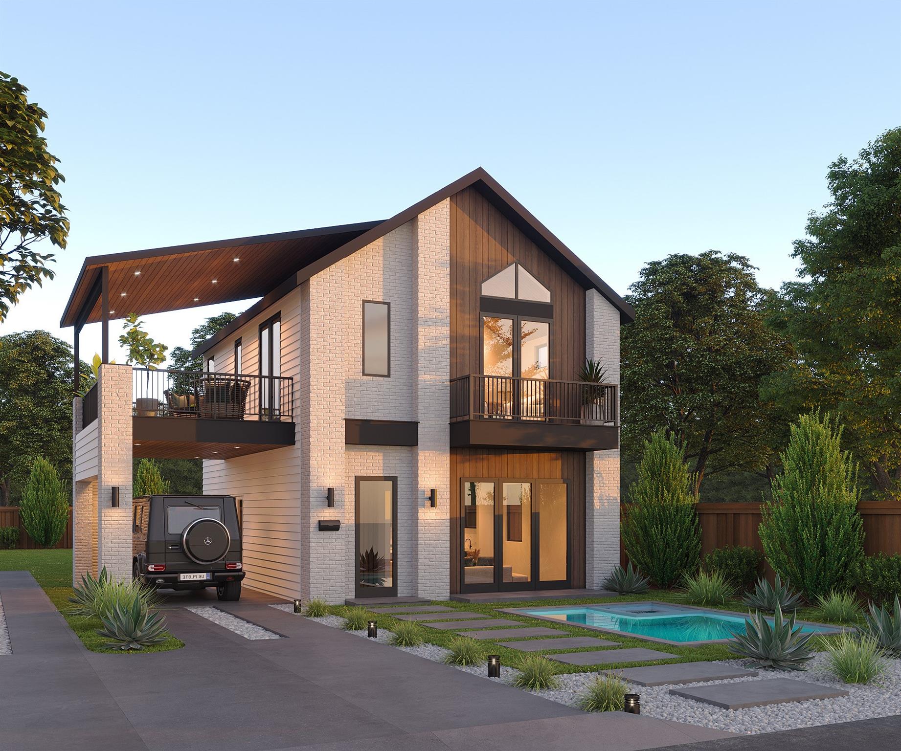Modern two-story architecture pairs brick and woo