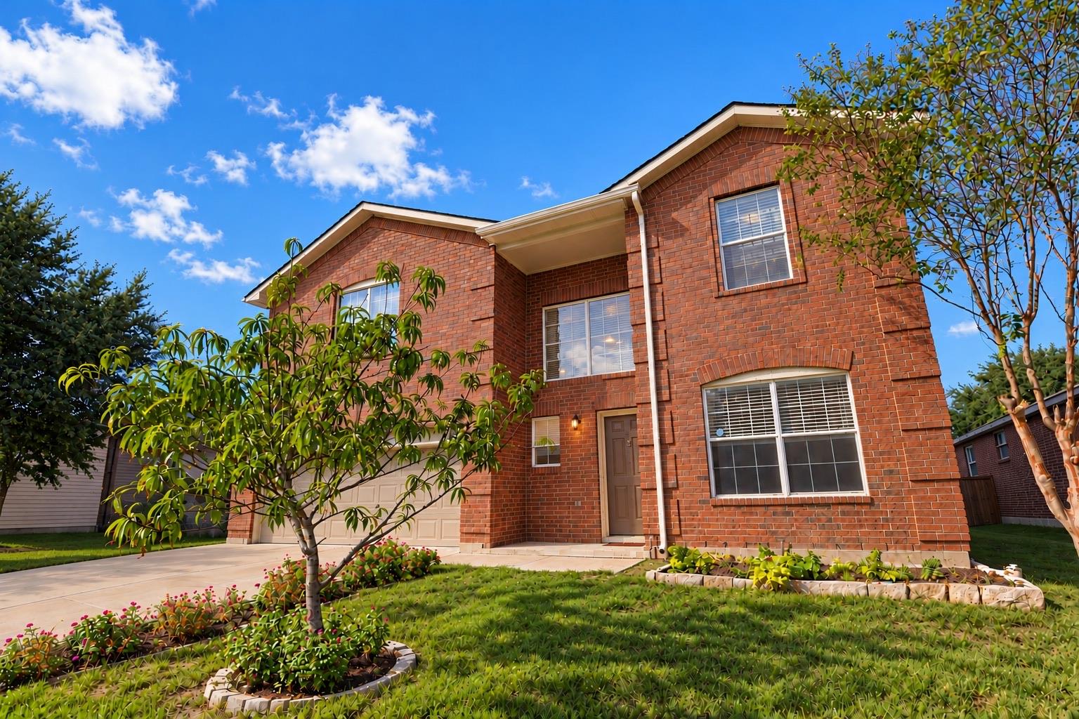 A classic brick exterior framed by manicured gard