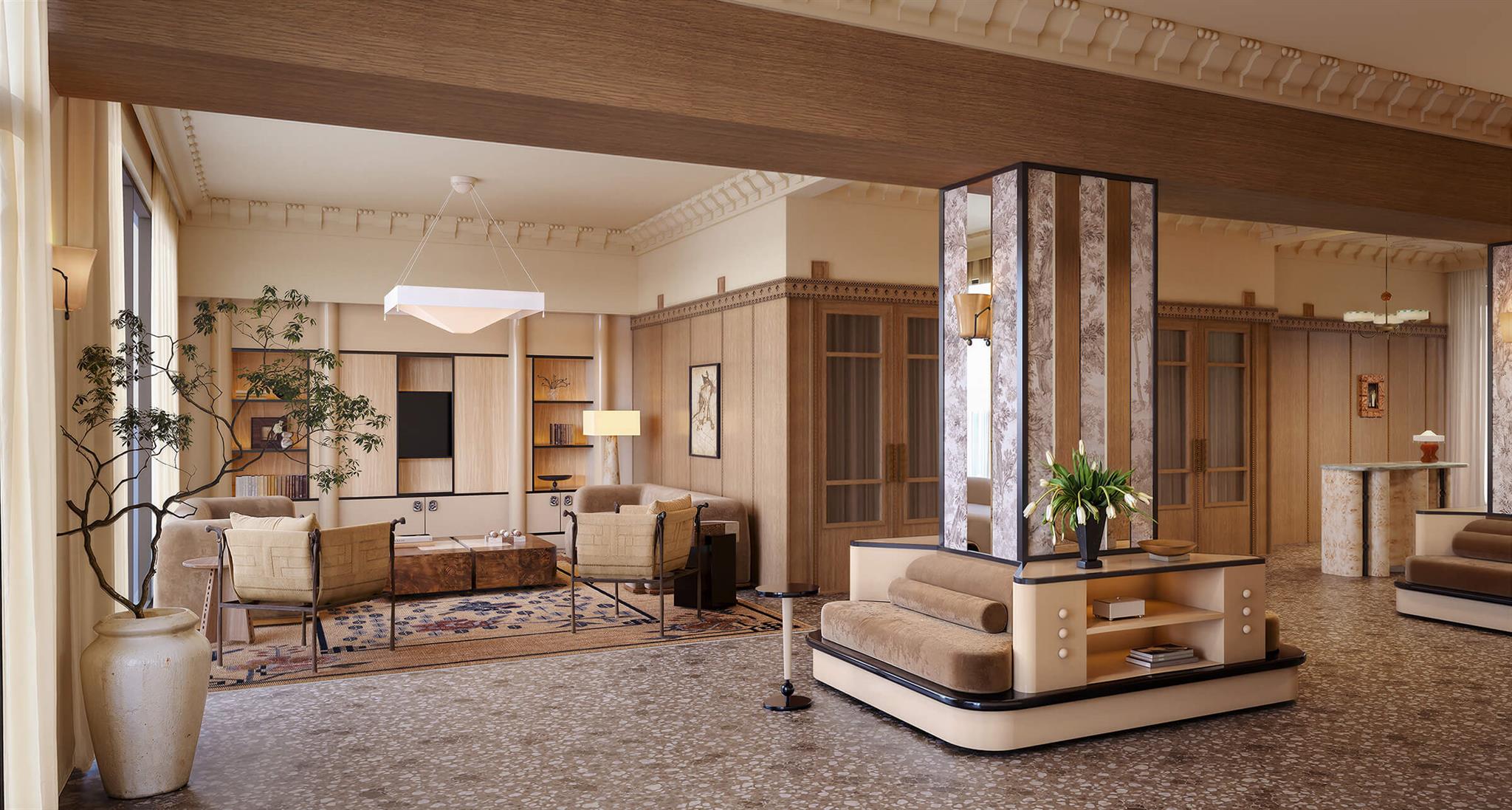Rich wood paneling, ornate crown molding, and cus