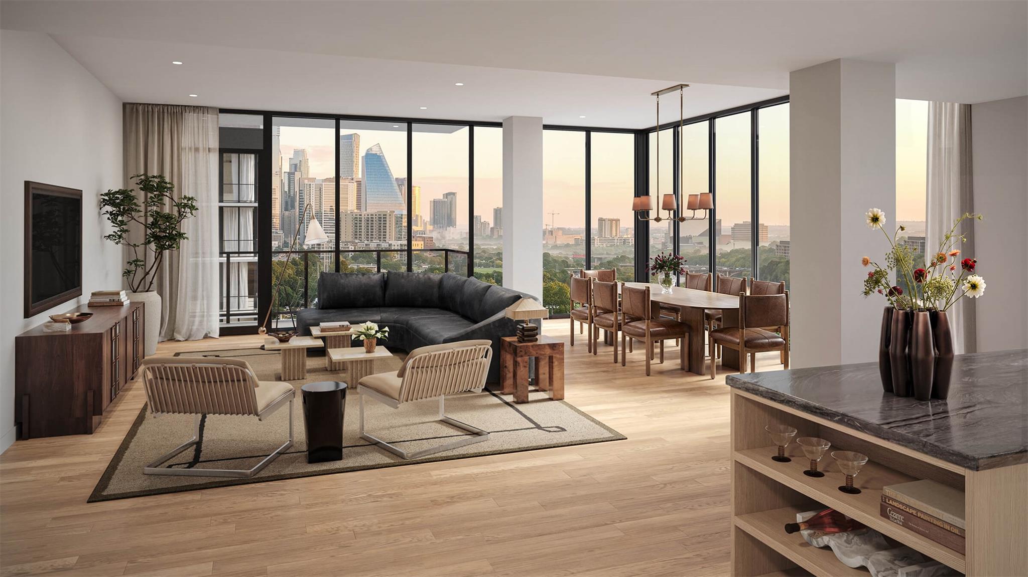Floor-to-ceiling windows frame panoramic skyline 