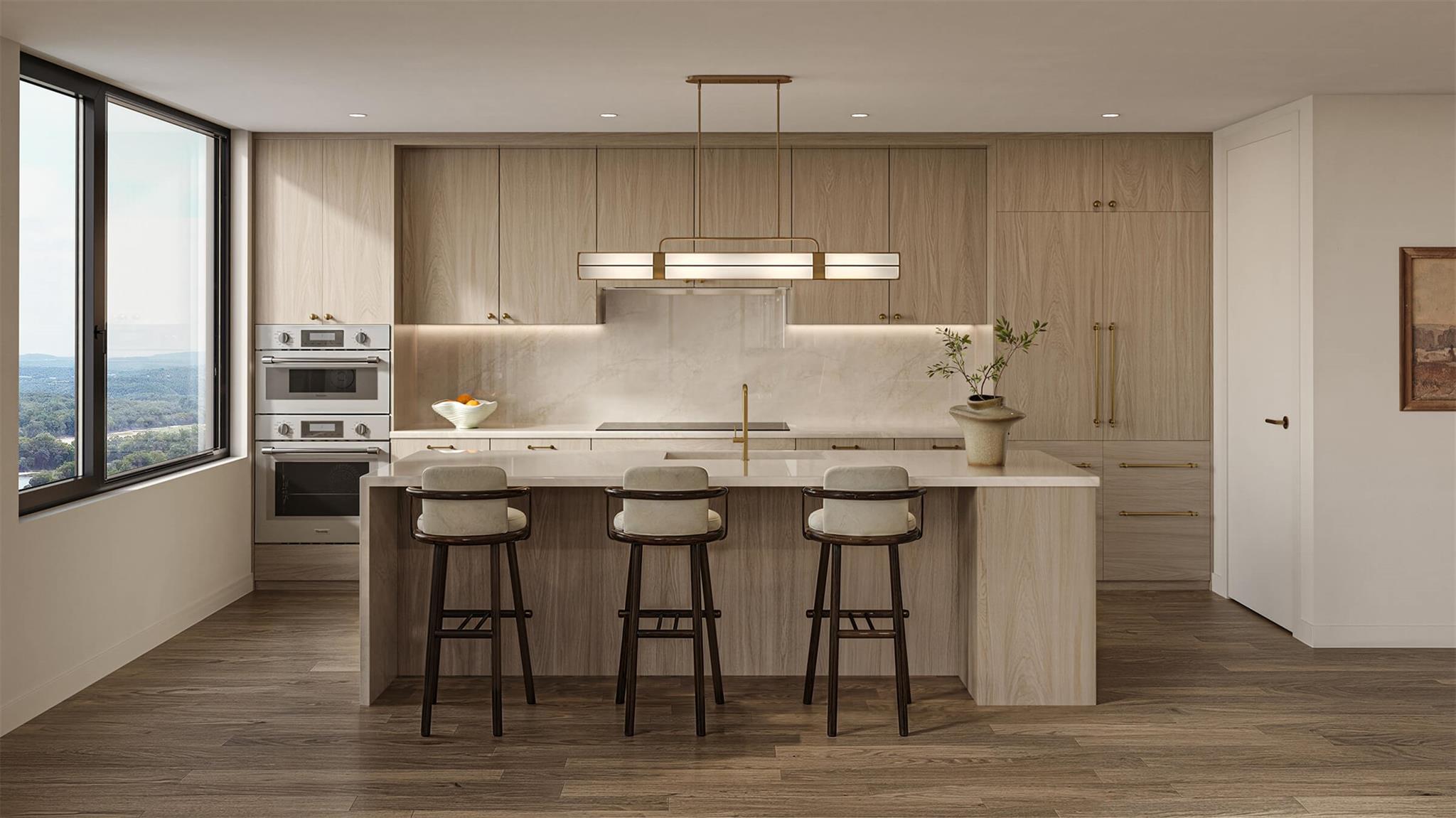 A refined kitchen showcases minimalist wood cabin