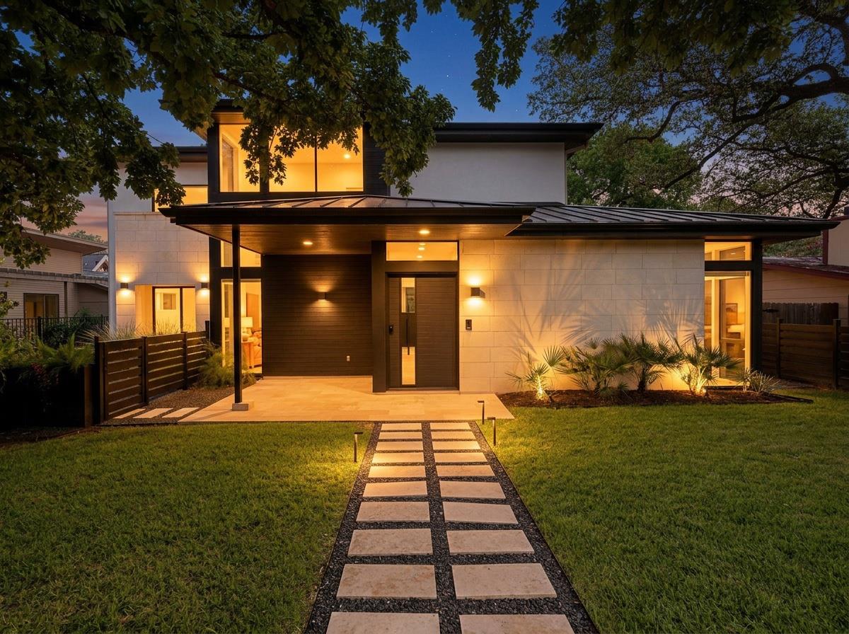 An illuminated stone walkway guides the way to th