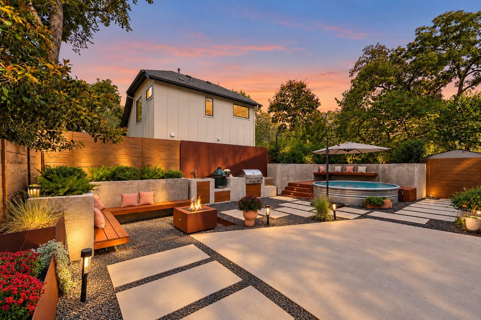 A modern outdoor living space features a custom f