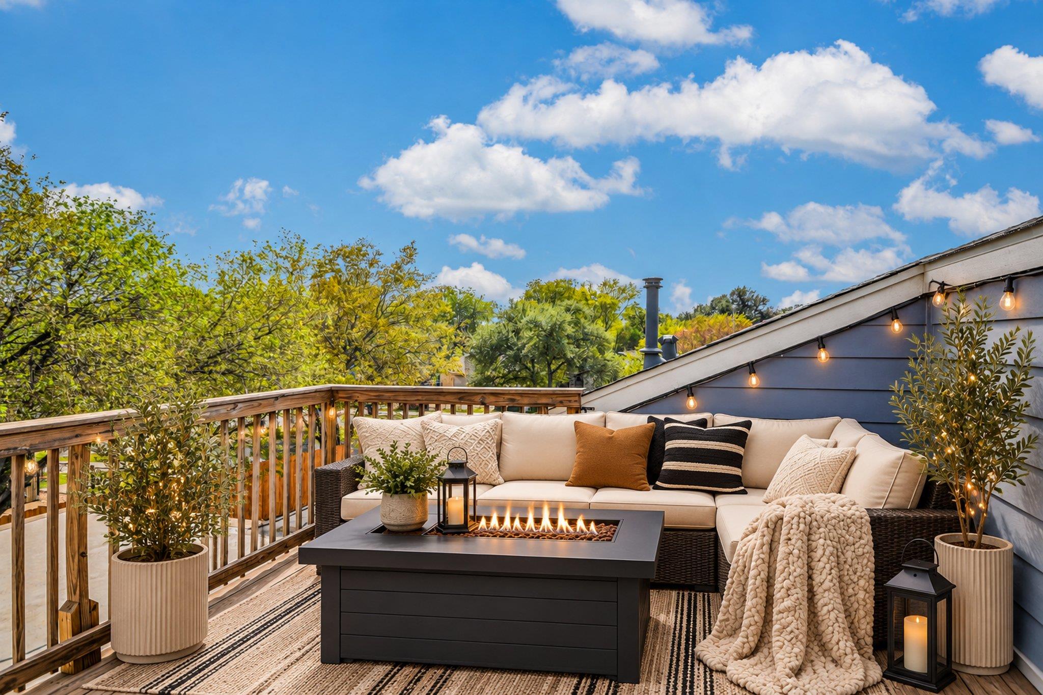 An inviting elevated wooden deck overlooks lush g