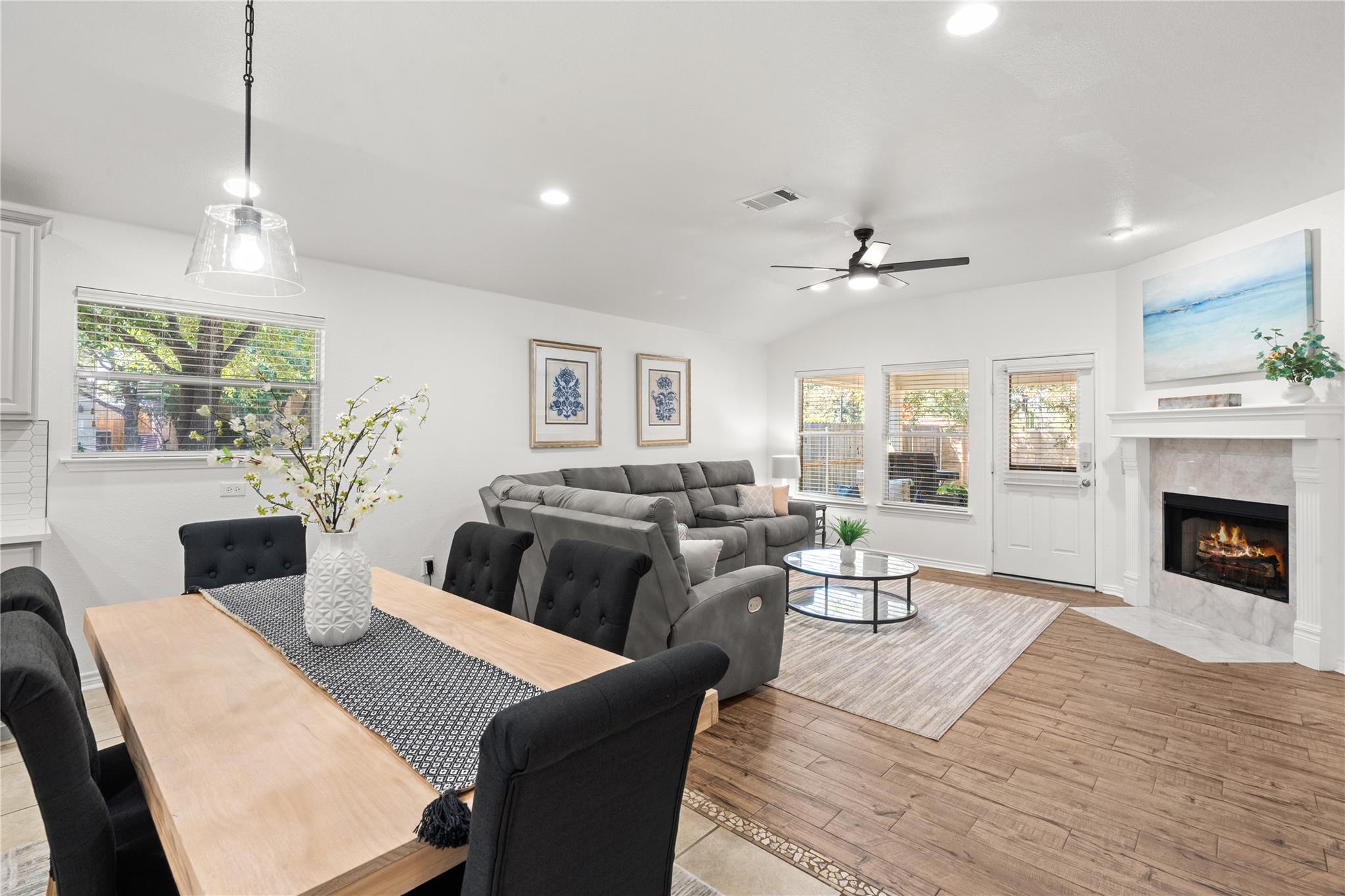 An airy open layout integrates the dining area an