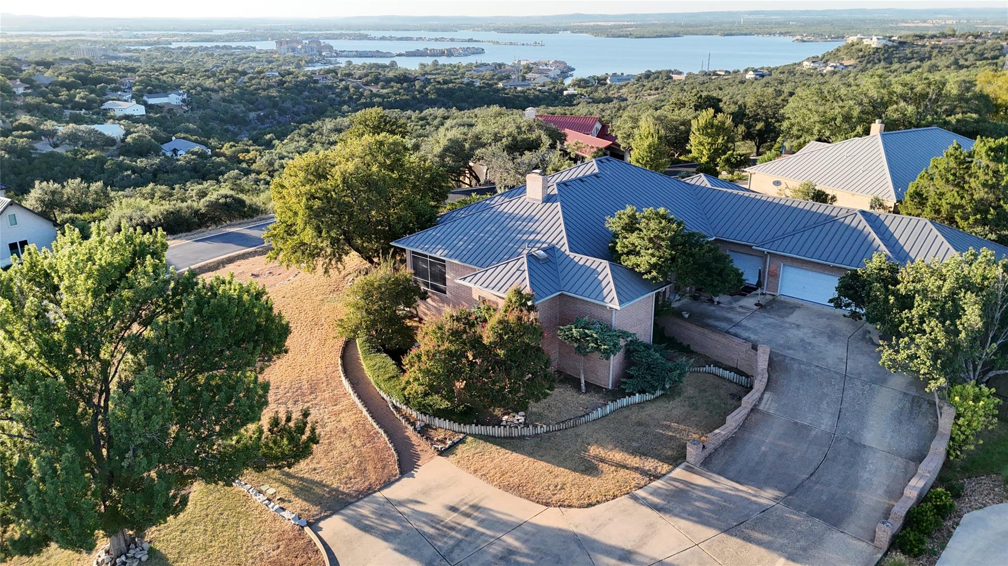 An elevated perspective highlights a metal roof s