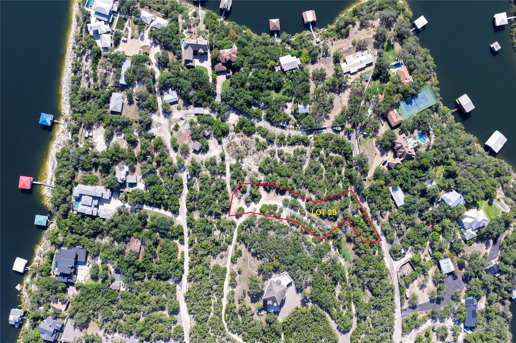 An aerial perspective shows a prime lot nestled w