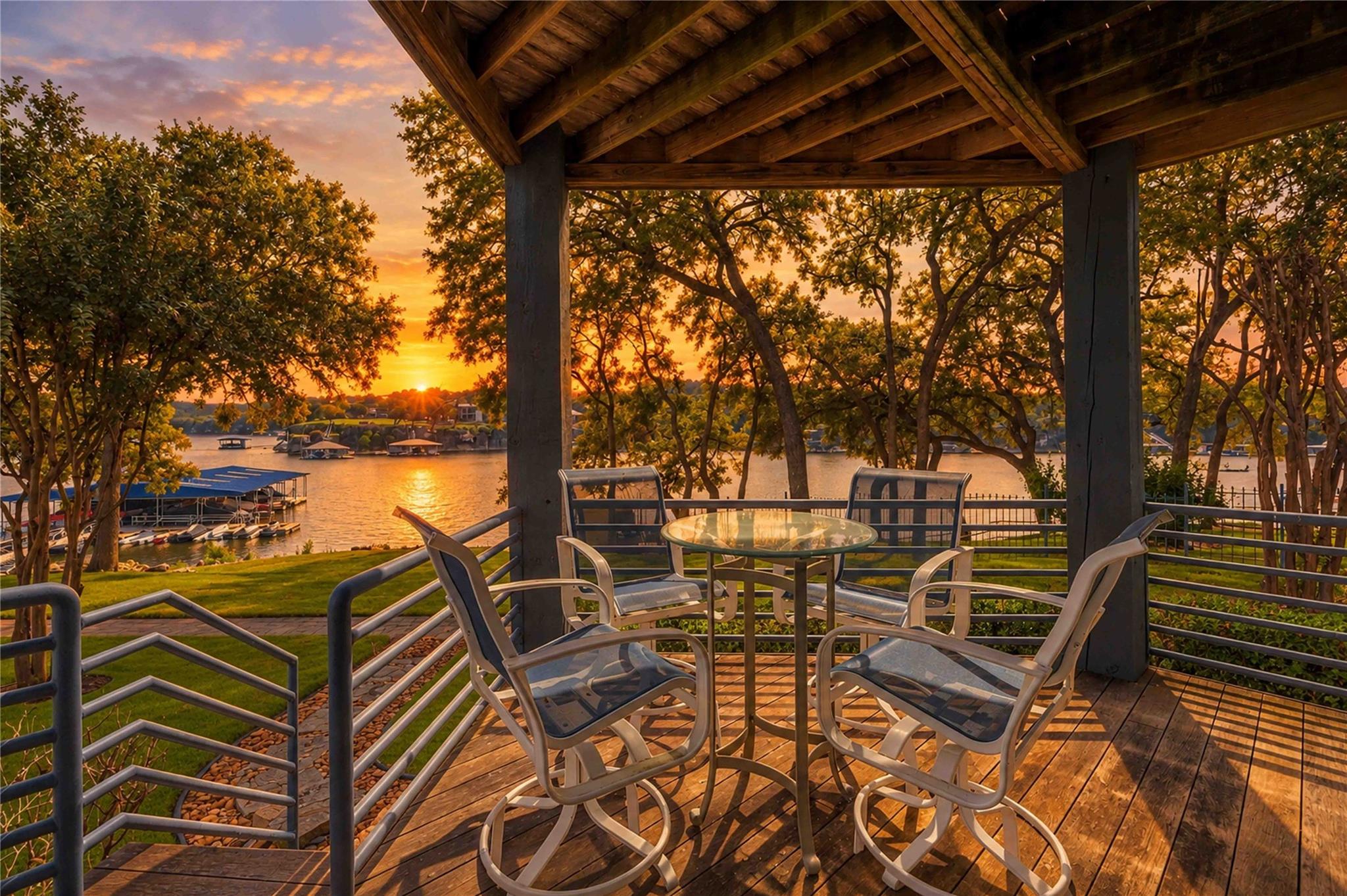 An elevated wooden deck looks out over calm water