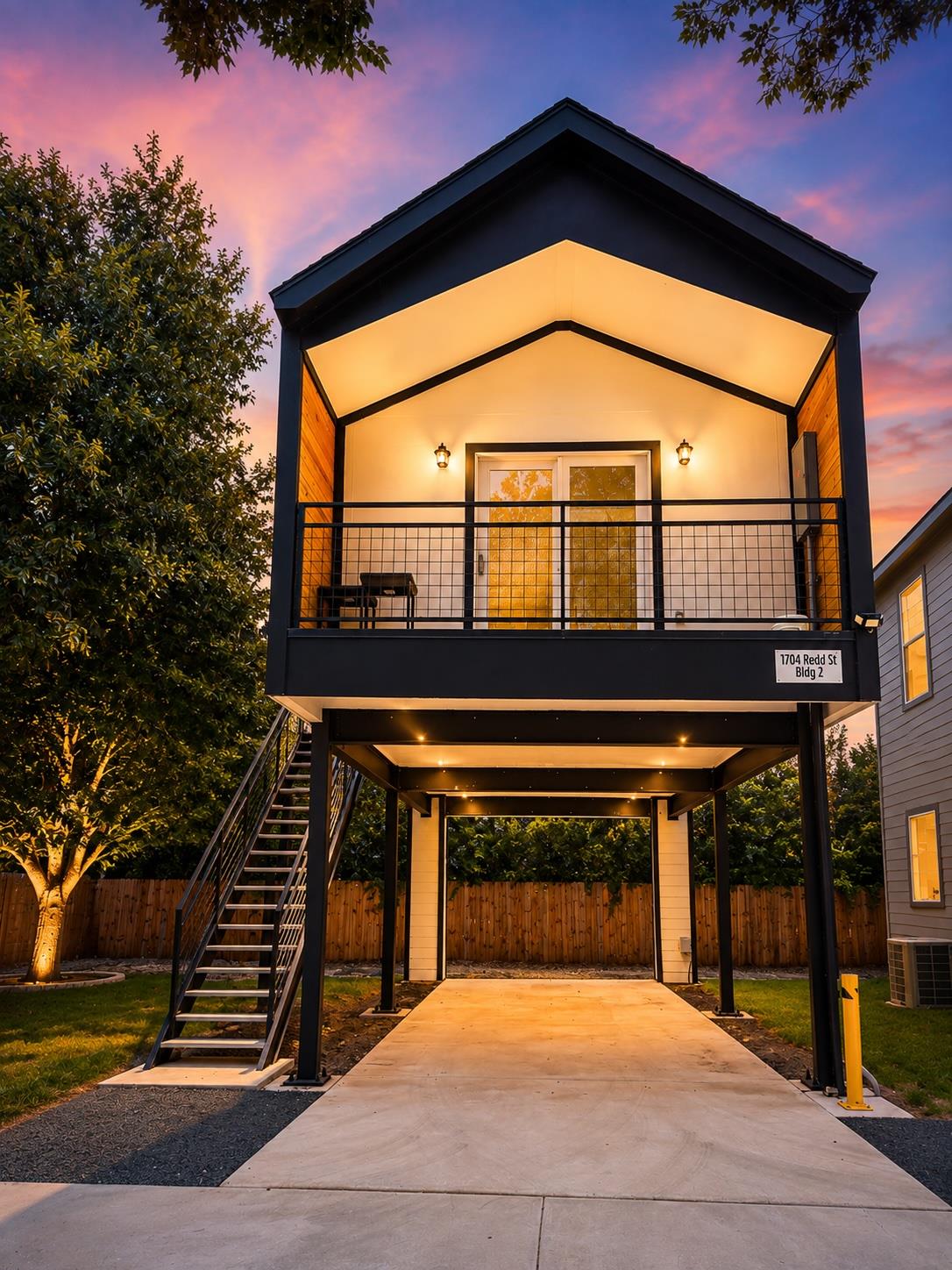 Striking modern architecture showcases a raised l
