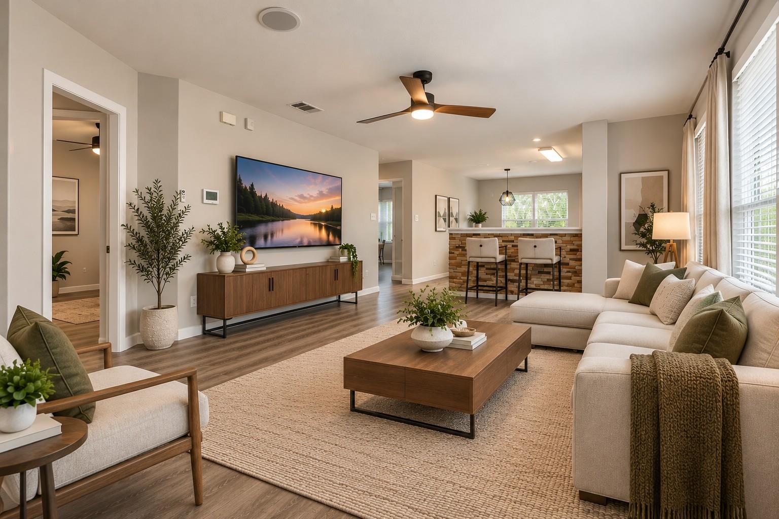 An open living room links smoothly to the kitchen