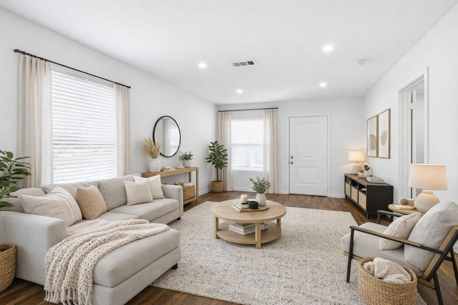 Recessed lighting illuminates this welcoming livi