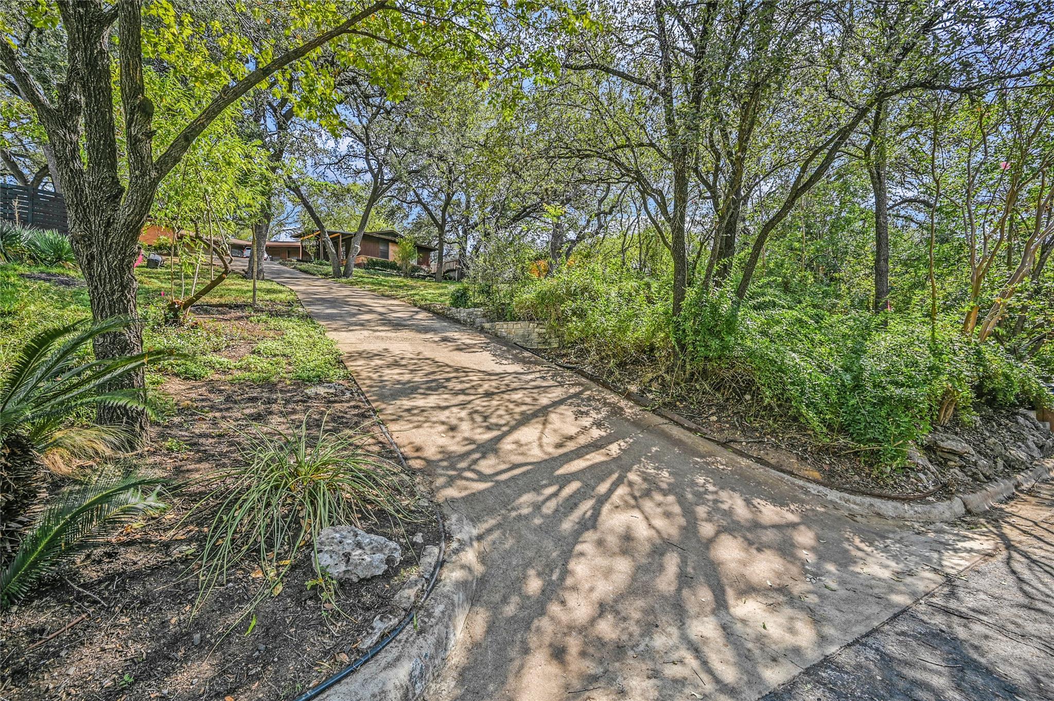 Mature trees shade a long concrete driveway leadi